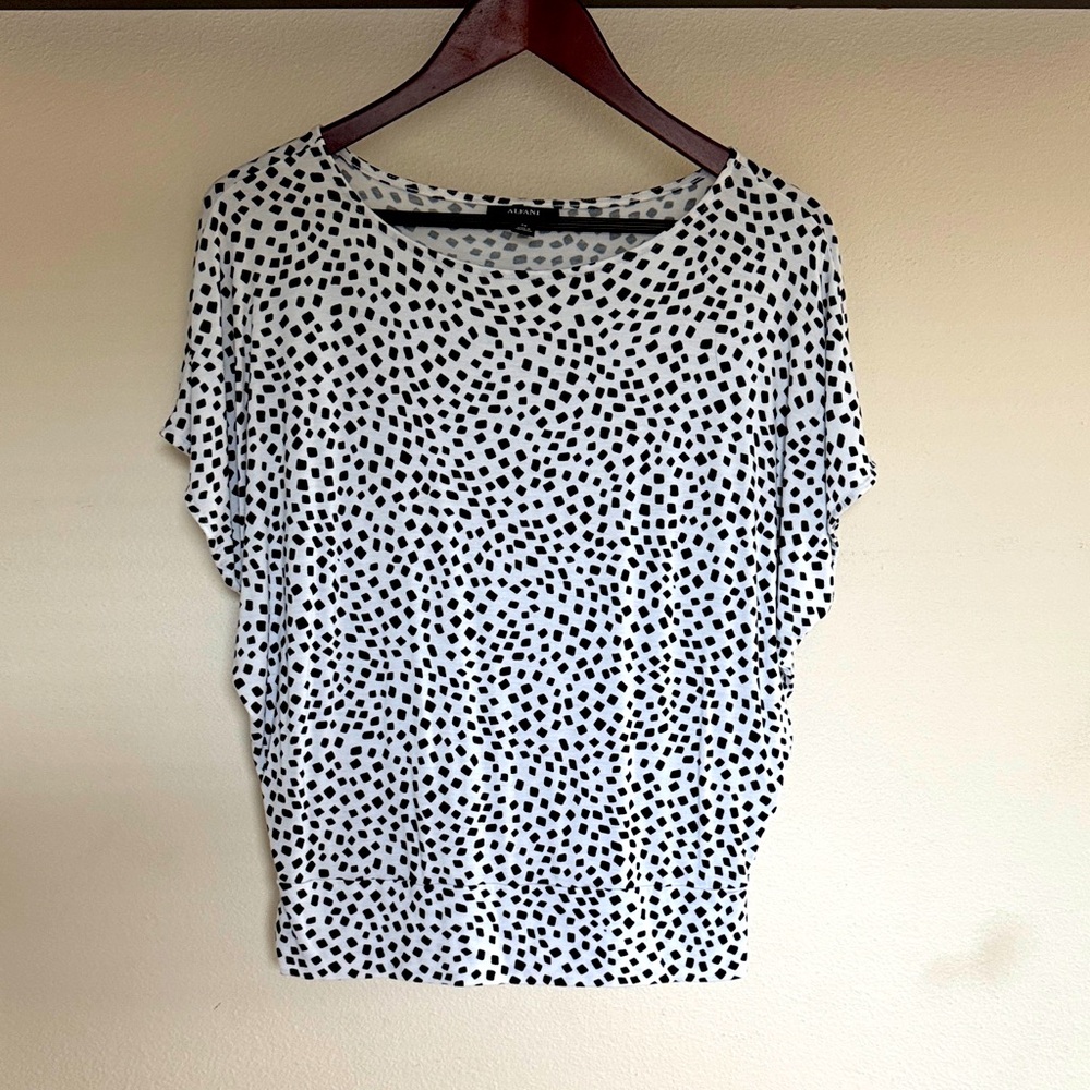 Alfani Black and White Dotted Blouse with banded hem